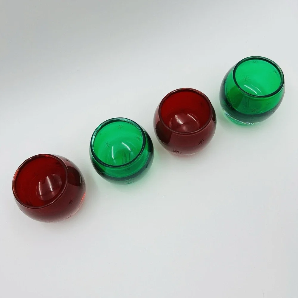 Votive Holder Set Etched Starburst Red Green Glass Hand‎ Blown Poland Christmas